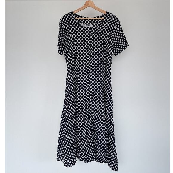 Vtg 90's BILA Polkadot Black White Rayon Short Sleeve Button Up Maxi Dress Sz M - Picture 1 of 9